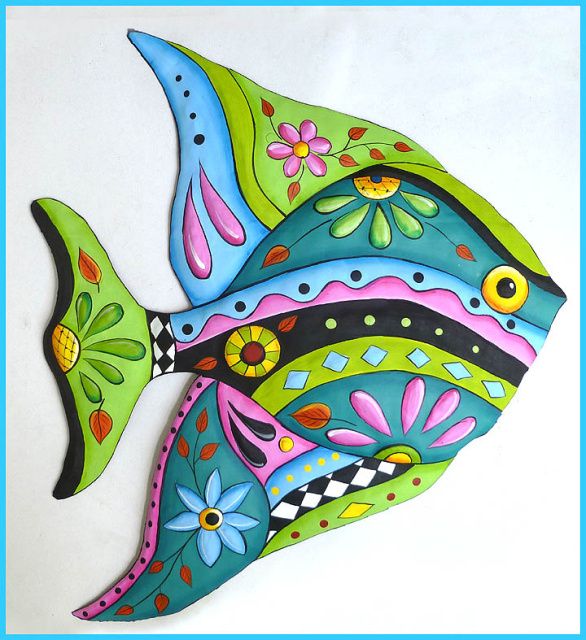 hand painted metal tropical fish wall hanging